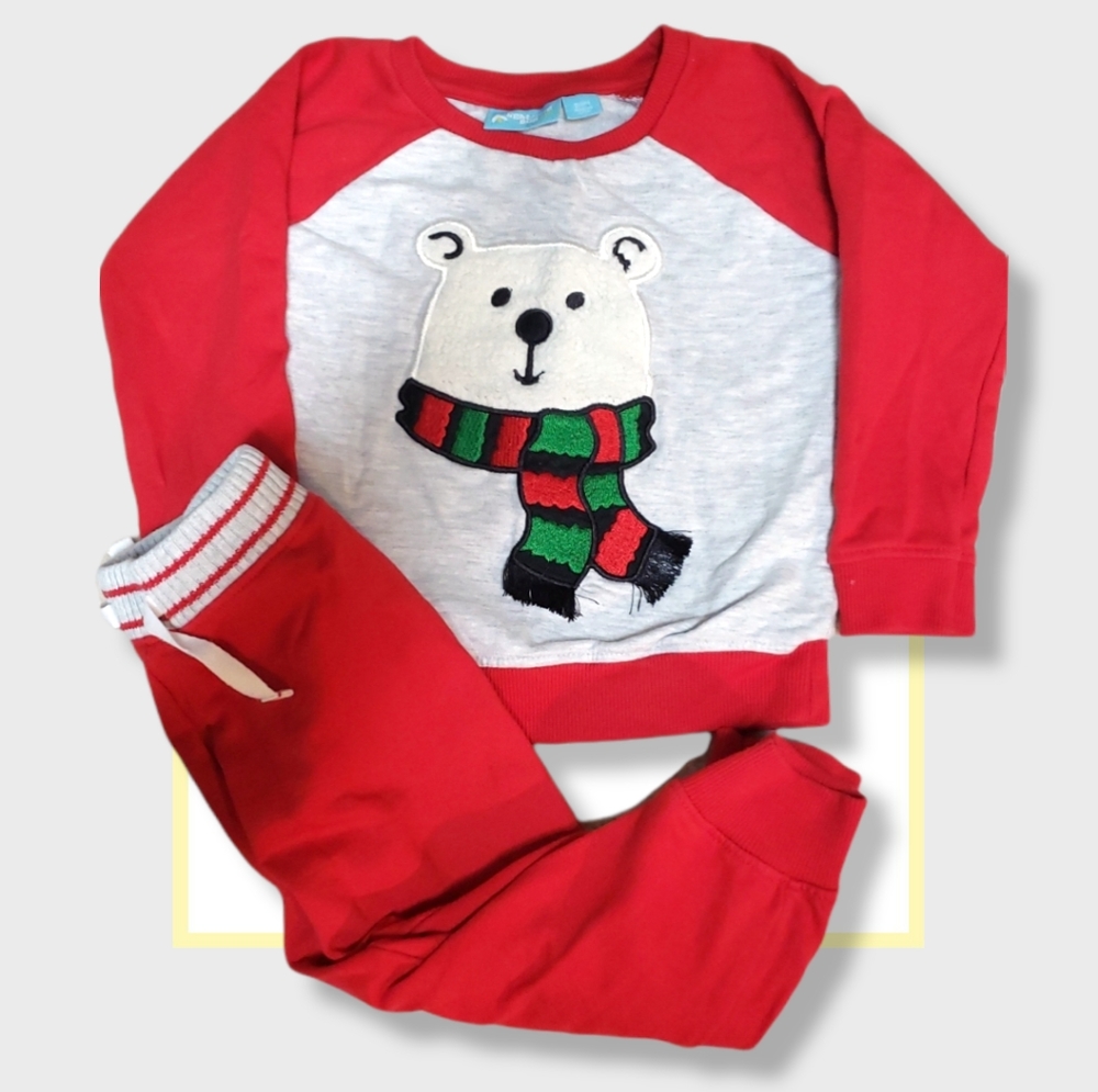 Christmas Bear w/ embroidered scarf Sweatsuit Outfit, 24 months